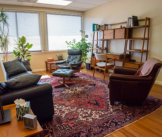 Interior of the therapy office with vintage leather chairs and a Persian rug