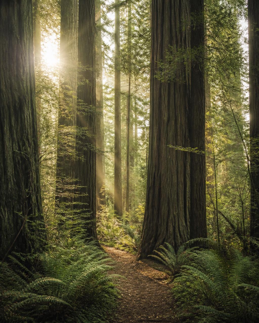 Sunlight filtering through a quiet redwood forest in Mill Valley