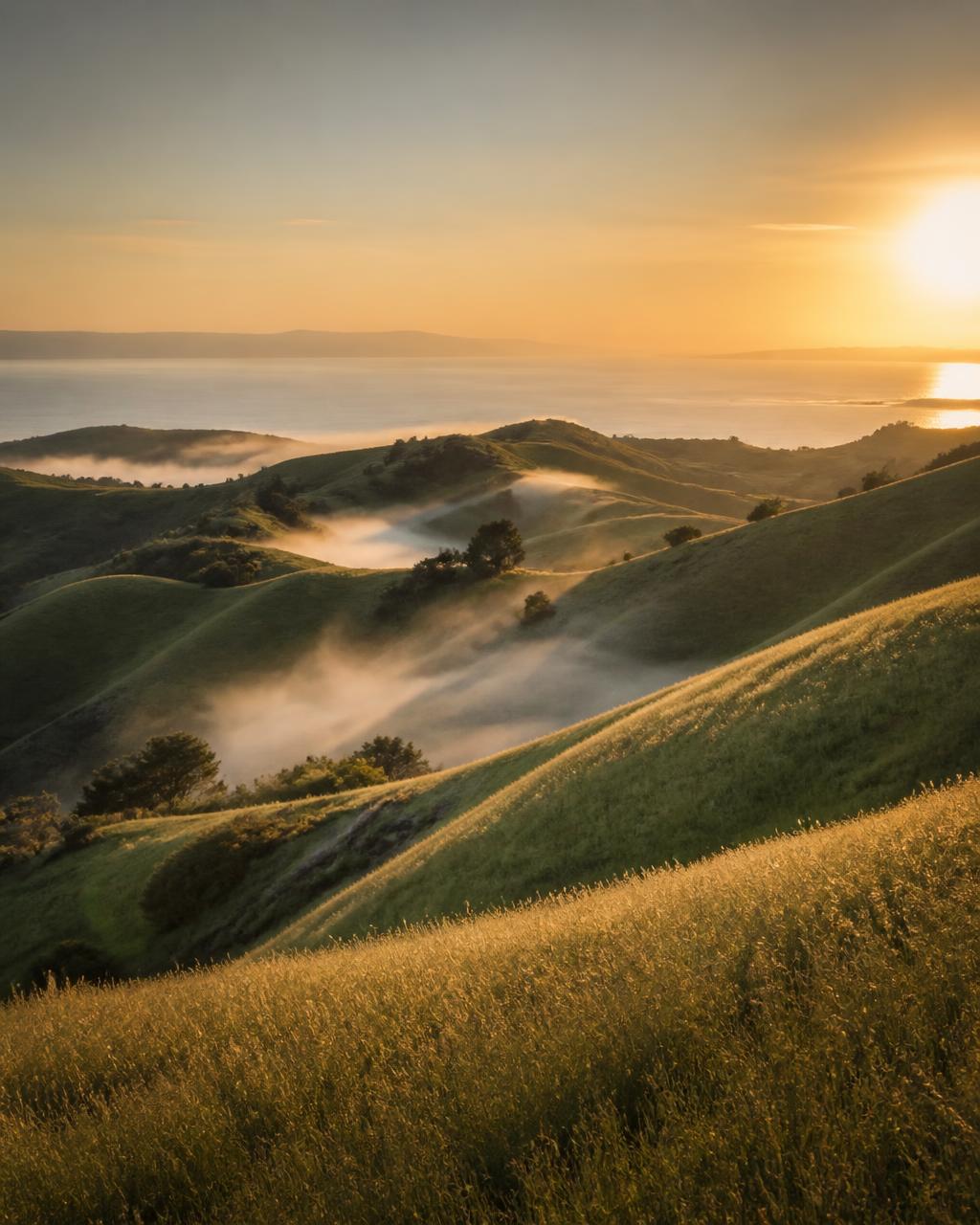 Golden light over rolling Marin County hills above the bay