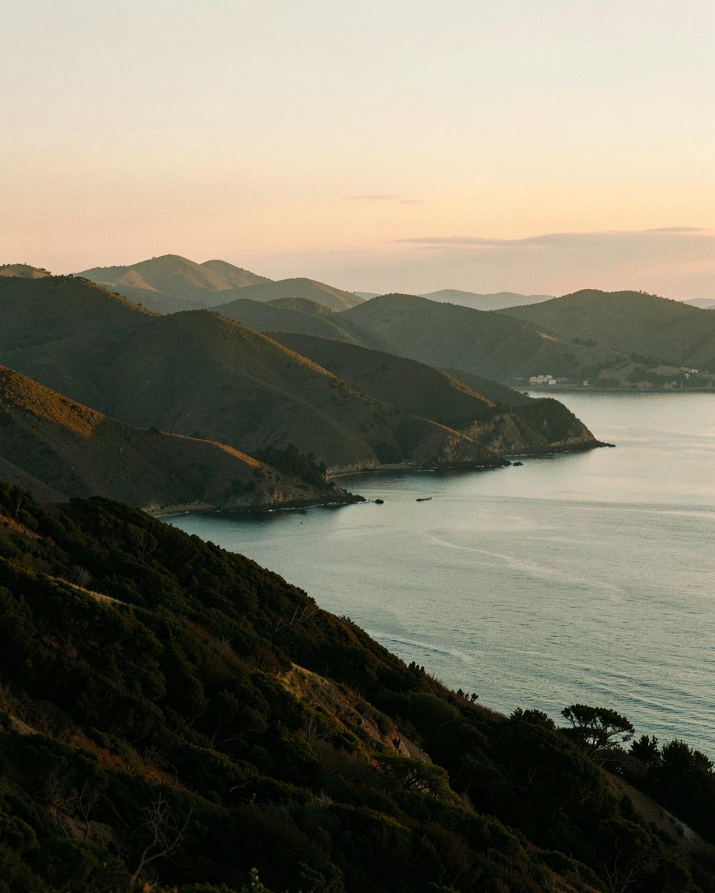 Golden Marin hills at dusk above a calm bay