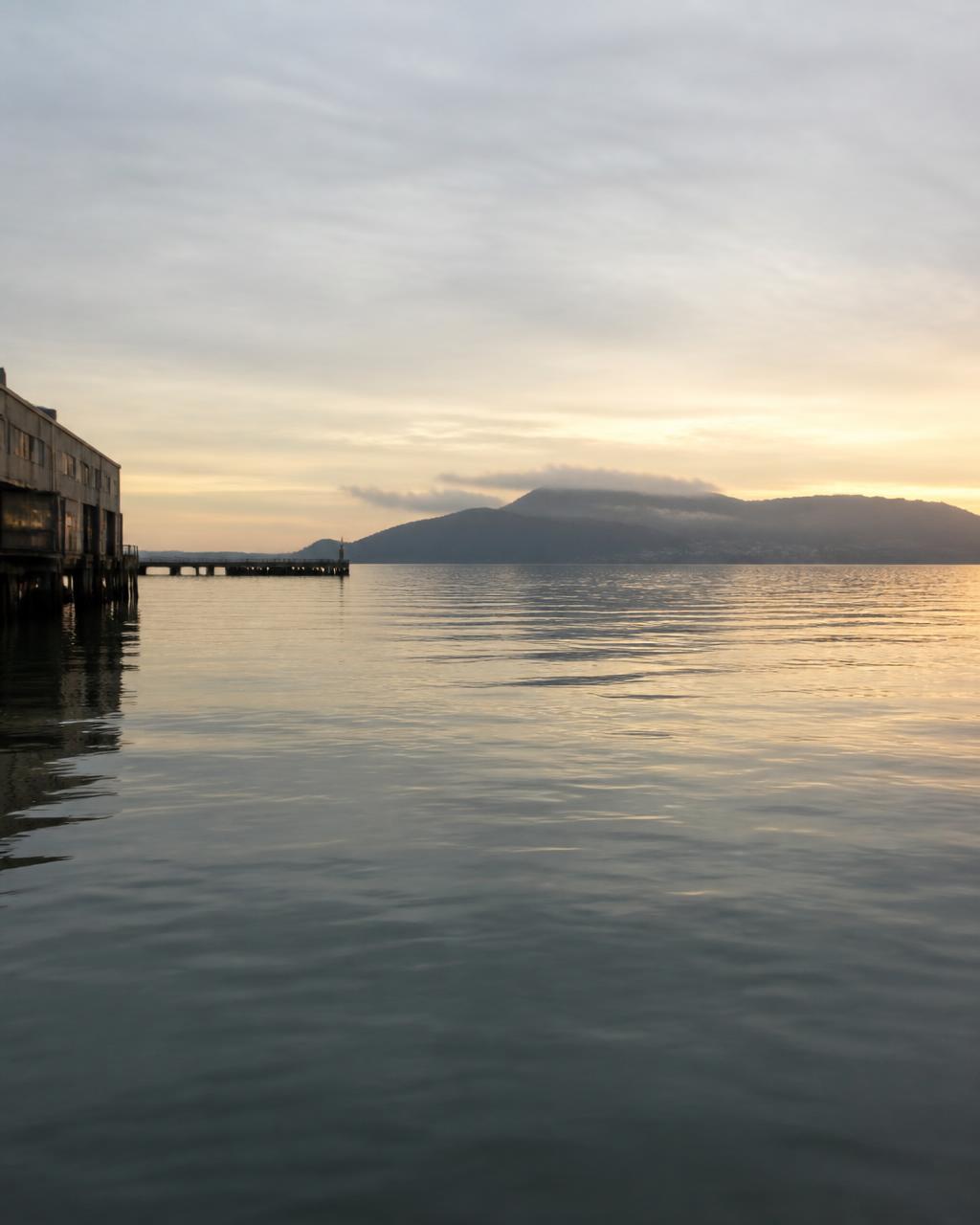 Calm bay water at dawn with gentle ripples and soft reflections