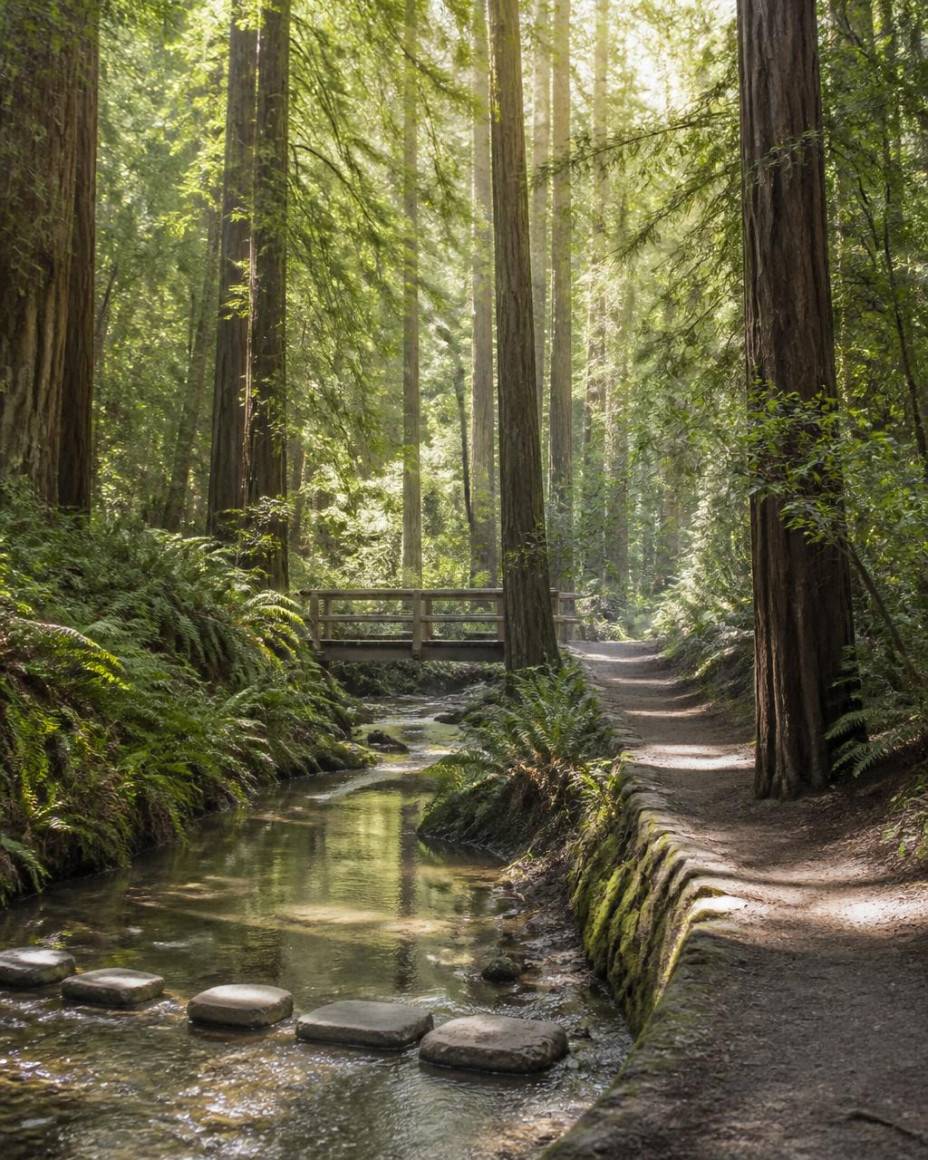 A peaceful redwood forest path with a small creek and stepping stones