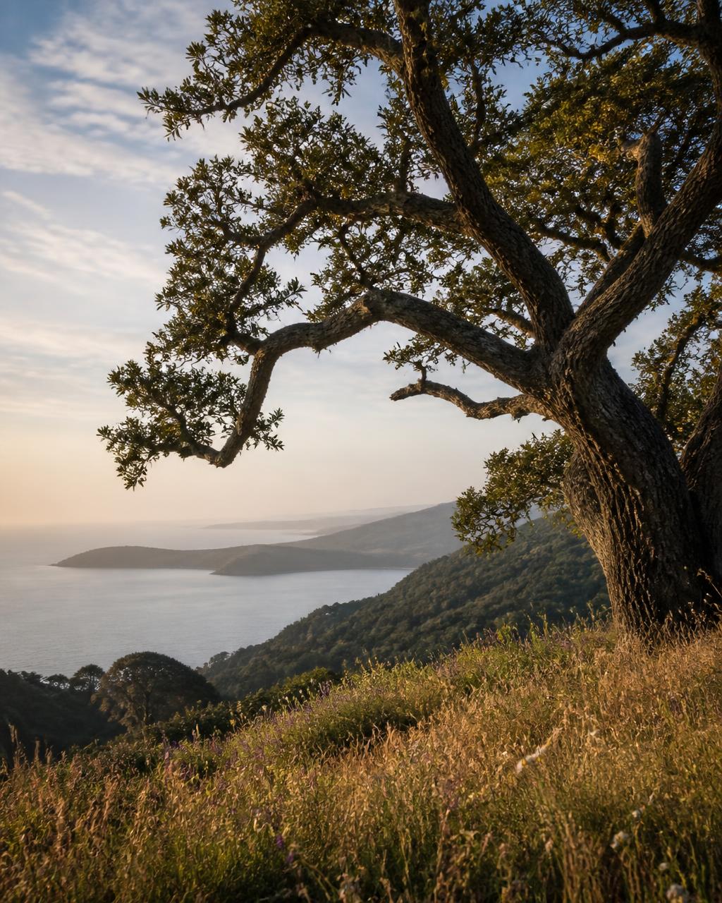 A coastal oak tree on a hillside overlooking the bay at golden hour